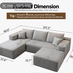 Left facing light gray corduroy couch with Chase and Ottoman.