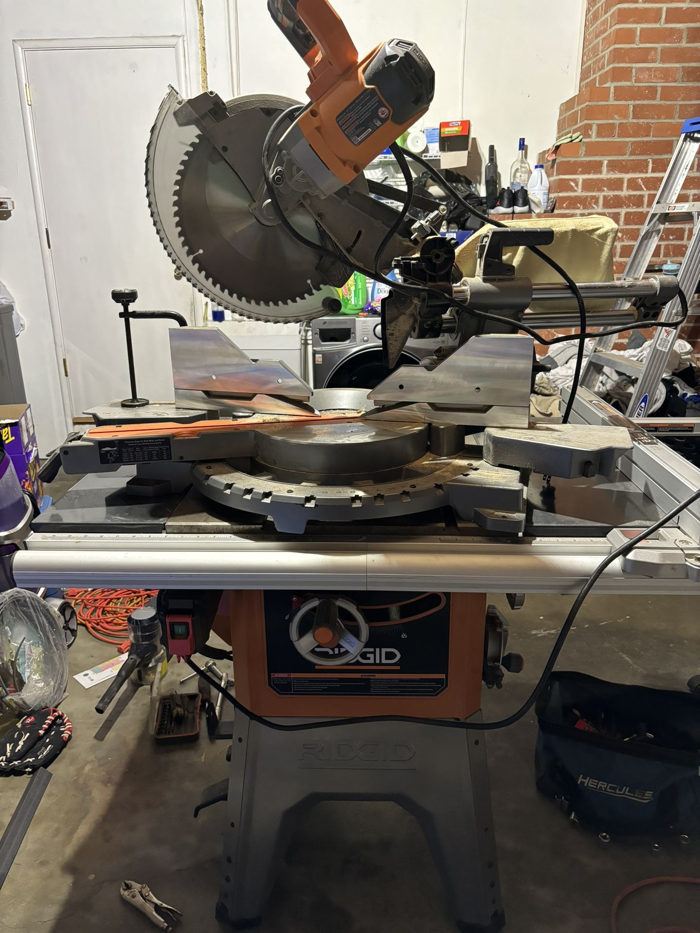 15 Amp Corded 12 in. Dual Bevel Sliding Miter Saw with 70 Deg/ RIDGID 13 Amp 10 in. table saw combo