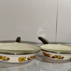 2 Enamel Sauce or Frying Pans with Floral Design