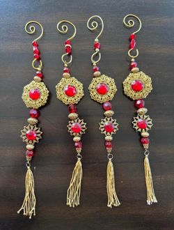New vintage 4 Dangle Drop Christmas Tree Ornaments beaded, Home Decor Holiday red, gold