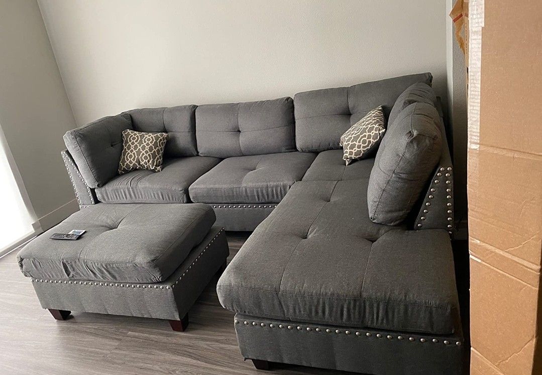 Brand New Grey Linen Sectional Sofa +Ottoman (New In Box) 