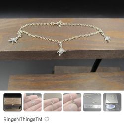 
9" Sterling Silver Triple Turtle Charm Ankle Bracelet Vintage