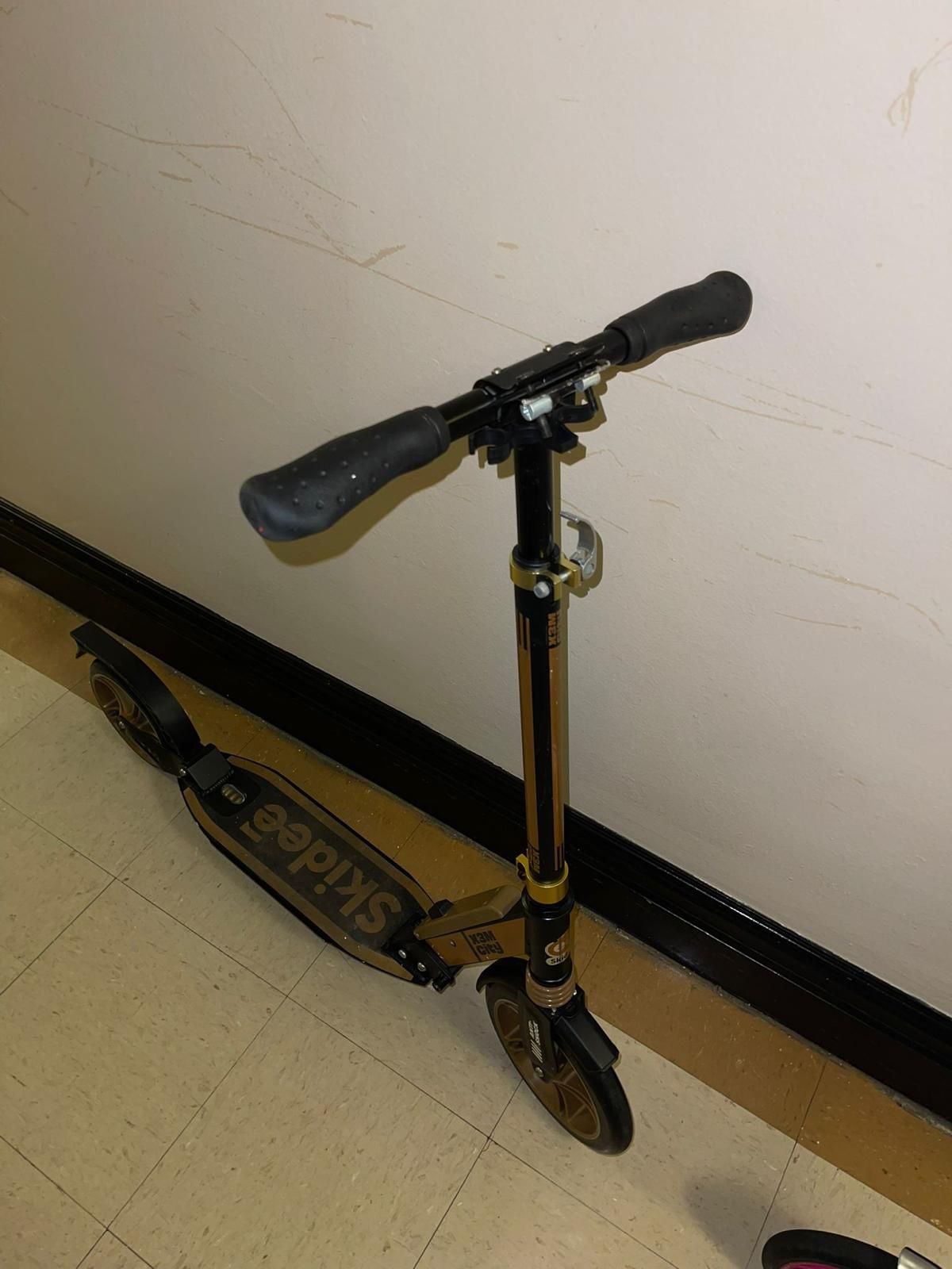 Scooter, specifically the gold-colored version designed for kids, teens, and adults. It features 4 adjustment levels for the handlebar, which can ext