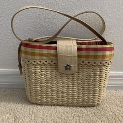 Brighton Classic Straw Shoulder Arm Purse TOTE Bag Open Top & Straw Heart Fob