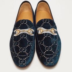 New Gucci Blue Men GG Velvet Jordaan Loafers 9.5G/10 US/EU 43.5-44 Authentic