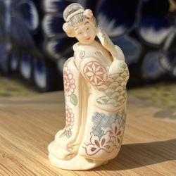 Signed Vintage Japanese Carved Netsuke: Geisha in a Kimono with a Fan