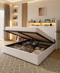 Full Size Bed, Lift Up Hydraulic Storage Bed Frame, Upholstered Headboard with LED