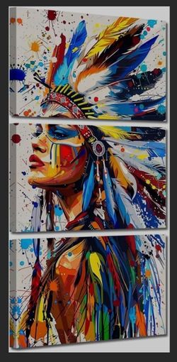 3 Panels Native American Canvas Wall Art Indian Girl Chief Picture Wall Decor Tribal Theme Colorful Paintings for Living Room Bedroom Office (Black, (