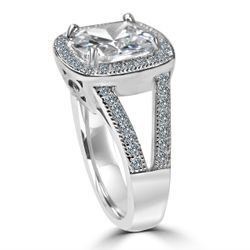 3 CT. 9x9mm Square Cushion Radiant Center w/Halo Pave Simulated Diamond - Diamond Veneer Sterling Silver Electro-plate Ring. 635R0246