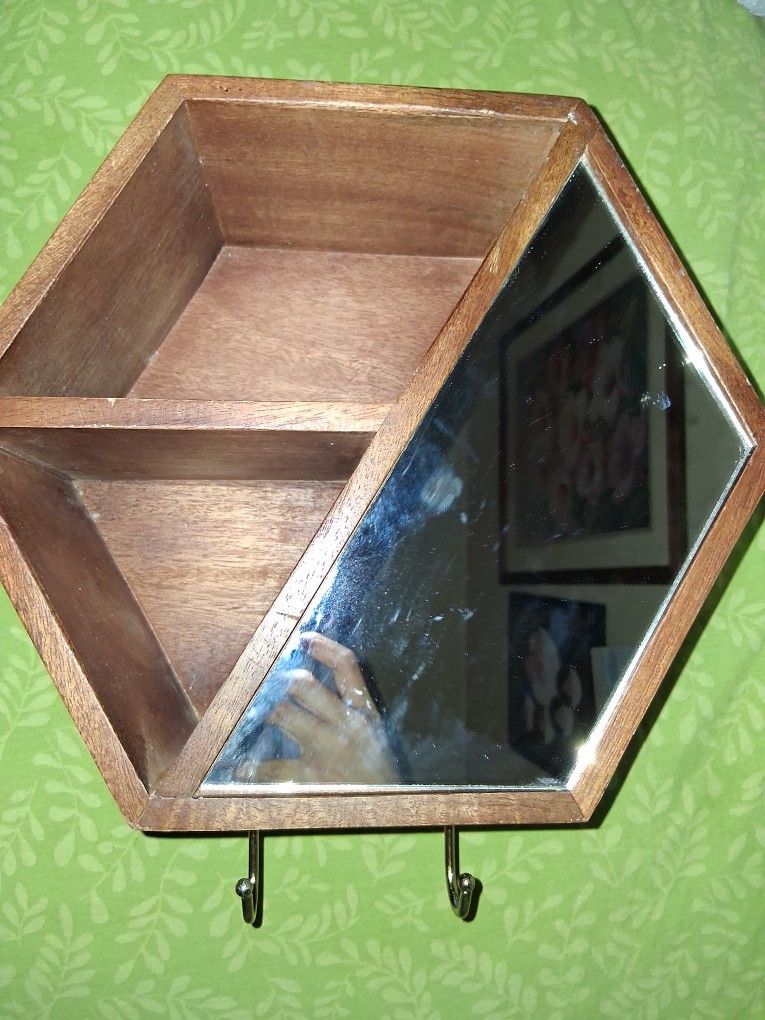 vintage wood Hexagon Wall-Mounted Cubby Shelf With Mirror And Hooks
