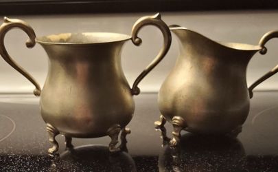 Vintage Pewter by Preisner Footed Creamer and Sugar Bowl 2060 PLUS a vintage miniature brass dining set