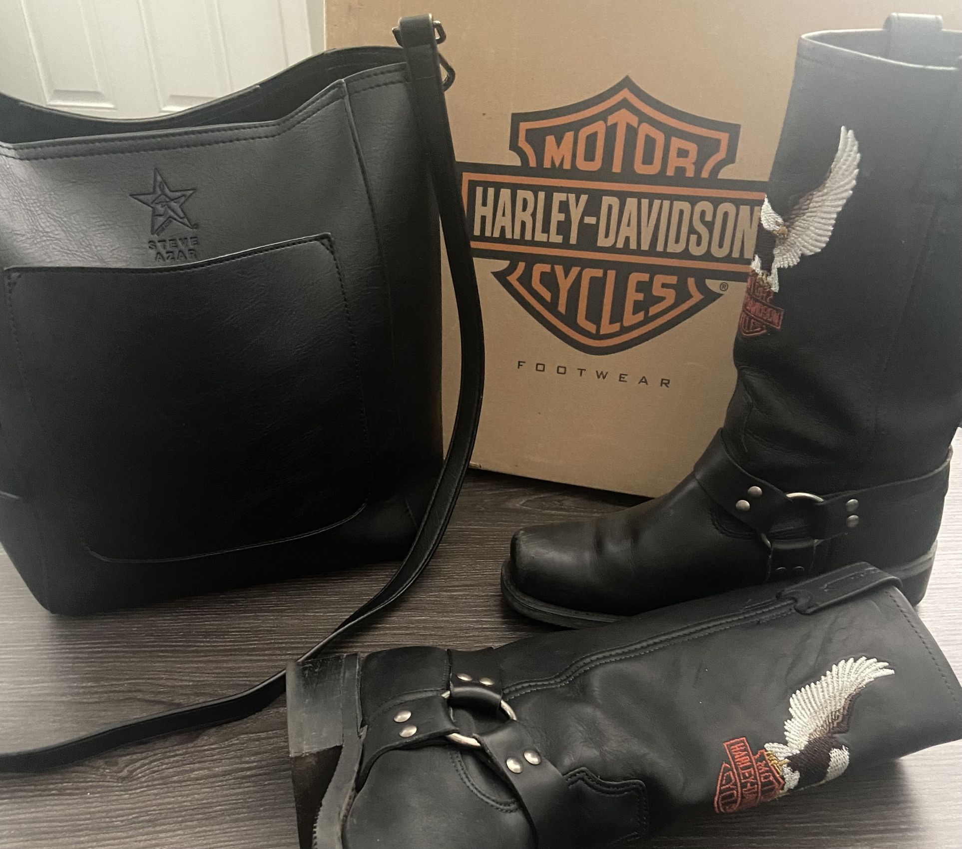 Vintage Harley Davidson Leather Boots , Leather Bag, Belt