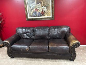 Dark Brown Leather Sofa, loveseat, ottoman and chair with Nailhead Trim