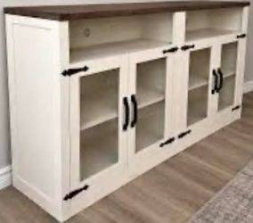 😀 Farmhouse Style TV Stand for 65"+ TVs, Top, Sturdy, Dvds, Tall Entertainment Center, console table,White with walnut top, Assembled size : 63”Wx32”