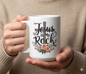 Brand New "Jesus Is My Rock" Premium Ceramic Christian Mug (15 oz, White)