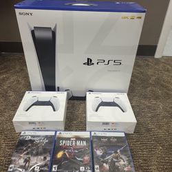 Console Disc Version 3 Games + 2 Controller Bundle.  Sony Playstation DualSense Wireless Controllers x2
