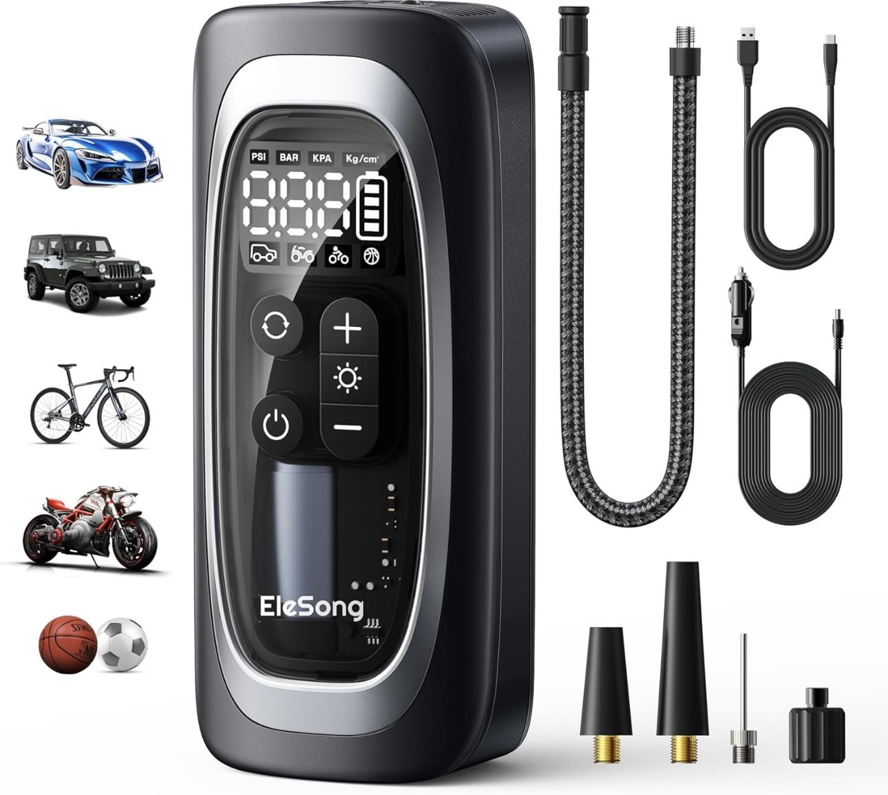 150PSI portable tire inflation pump with digital pressure gauge and LED light