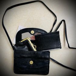 NEW SMALL LEATHER HANDBAG, SIZE: 6" X + SMALL WALLET FOR MO4" NEY &  SMALL WALLET FOR BUSINESS CARDS.