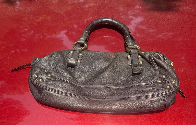Vintage Y2K DKNY Studded Boho Leather Whimsy Goth Slouchy Croissant Handles Bag Charm Purse