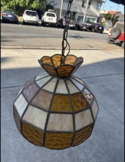 Vintage Tiffany Style Handcrafted Swag Pendant Hanging Lamp Ivory Yellow Amber Textured Stained Glas