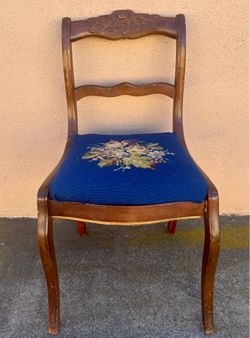 Vintage Mid-Century Wooden Chair with Embroidered Tapestry Seat