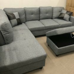 Brand New Grey Denim Linen Sectional With Storage Ottoman