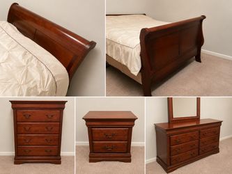 SOLID WOOD QUEEN BEDROOM SET – 5 PIECES – CHERRY FINISH