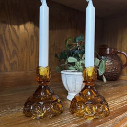 Vintage L.E Smith moon and stars amber candlestick holders