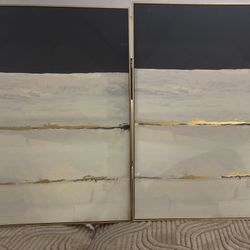 Gold Framed Canvas Print Wall Art Set of 2/ Navy Blue, Gold & White 36"H x 24"W