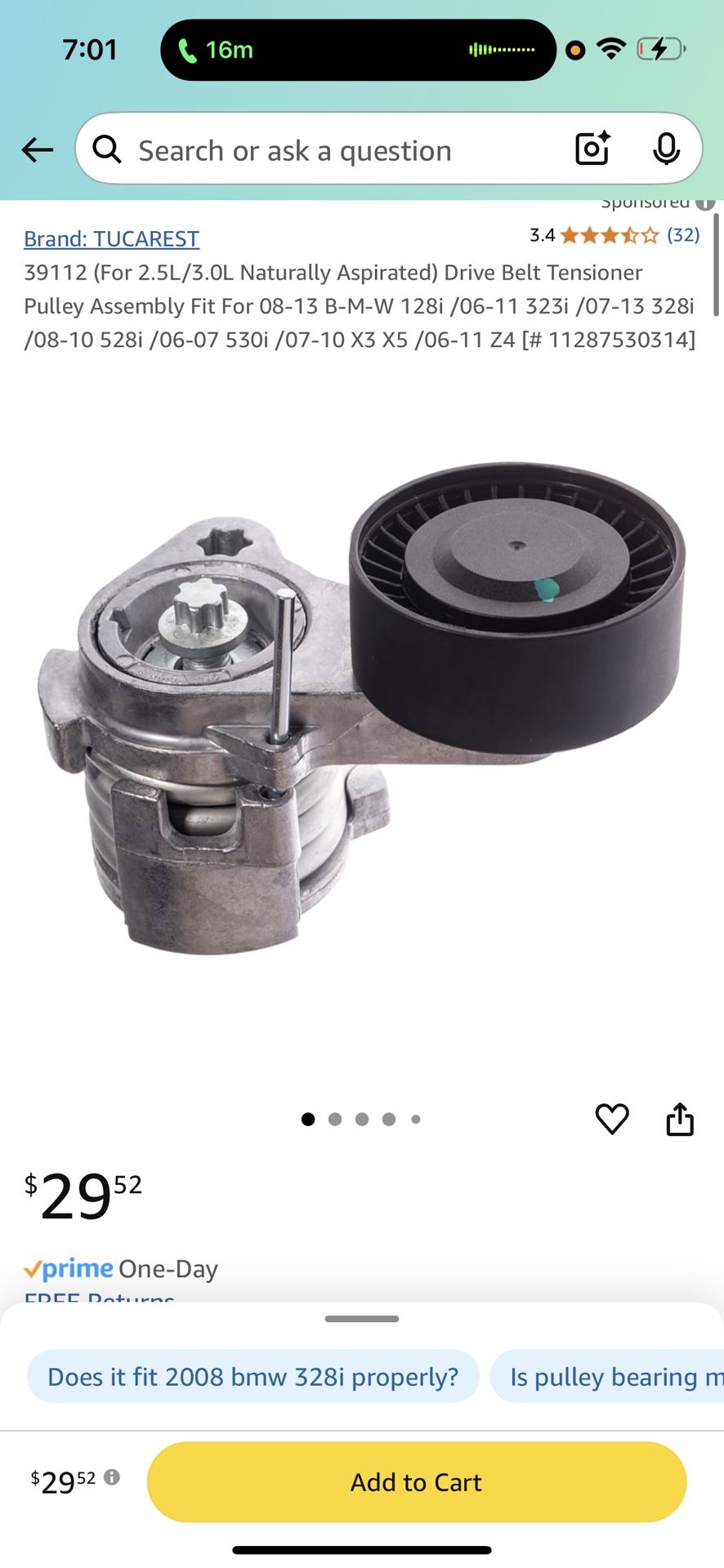 39112 (For 2.5L/3.0L Naturally Aspirated) Drive Belt Tensioner Pulley Assembly Fit For 08-13 B-M-W 128i /06-11 323i /07-13 328i /08-10 528i /06-07 530