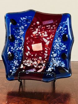 Handmade Fused Glass Square Slump Bowl - Red White & Blue Confetti Dish with Dichroic Accents -7"