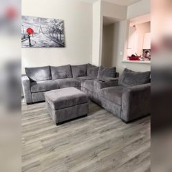 Gray Corduroy sectional sofa with console