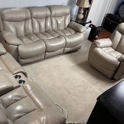 Beige Three Piece Recliner Leather Couch Set 