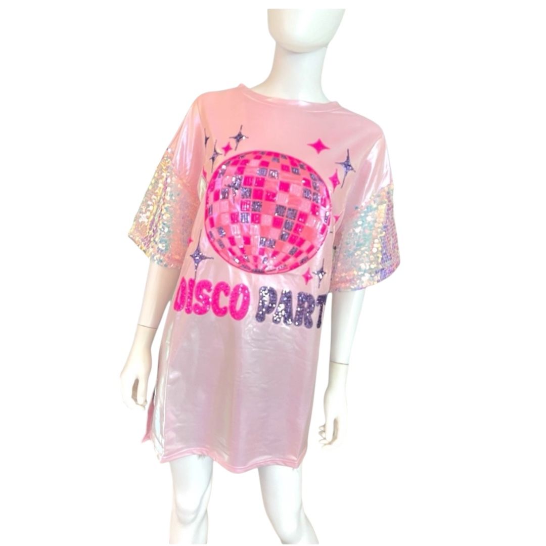FANTASTIC FAWN metallic Pink Oversized Disco Accent Tunic Dress Sz Small