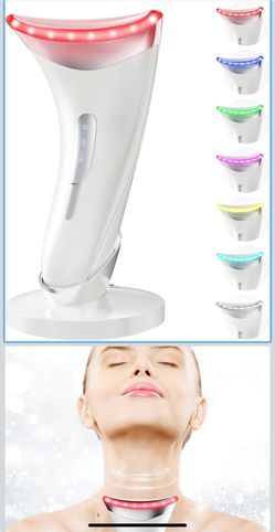 Red Light Therapy for Face and Neck, 7 Color Facial Massager with Adjustable Vibration and Thermals for Wrinkles, Double Chin, Portable Skin Care Tool