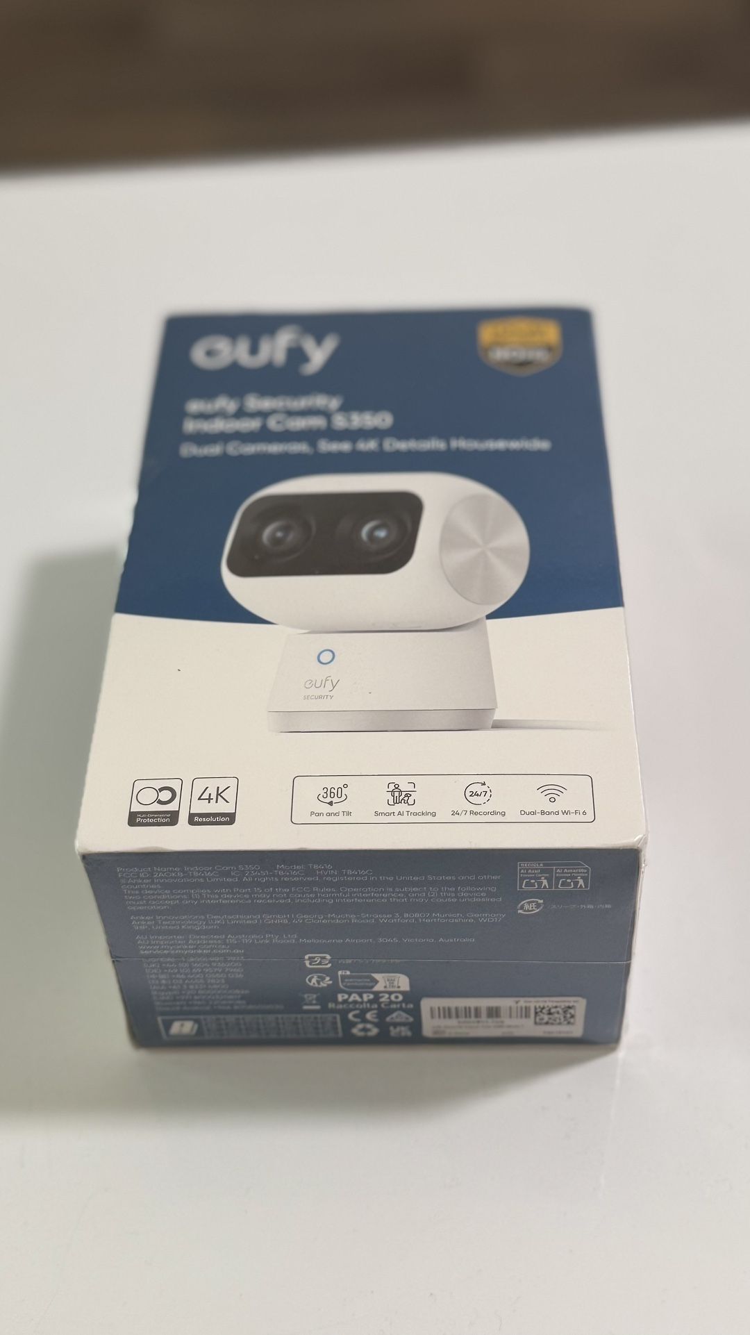 eufy Security Indoor Cam S350, Dual Cameras, 4K UHD Security Camera with 8× Zoom, 360° Camera, Baby Monitor, Pet Camera, Human/Pet Detection, AI Track