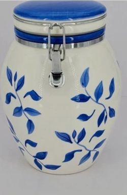 2001 INSPIRADO CANISTER COOKIE JAR WHITE BLUE VINES HAND PAINTED HINGED LID 9.75”