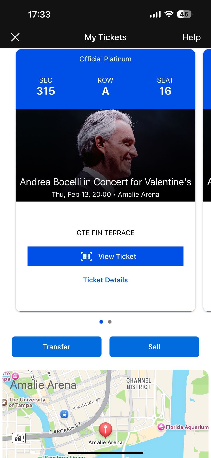 2 Tix to Andrea Bocelli’s Valentines Concert at Amalie!