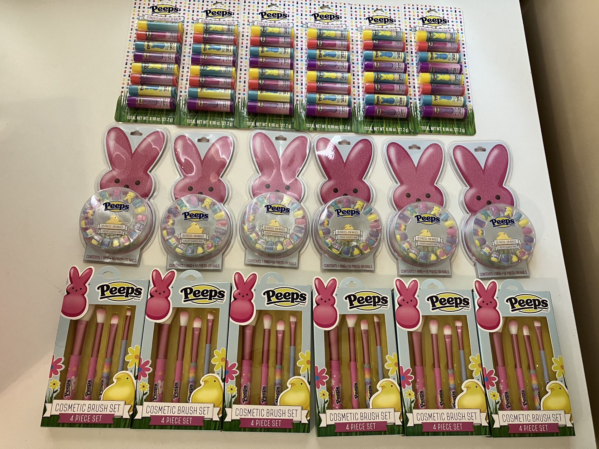 Peeps 18 piece bundle lip balm, nails, make up brushes 6 Make up Brush Sets 6 Sets of Girls Nails 6 Flavored Lip Balm Sets