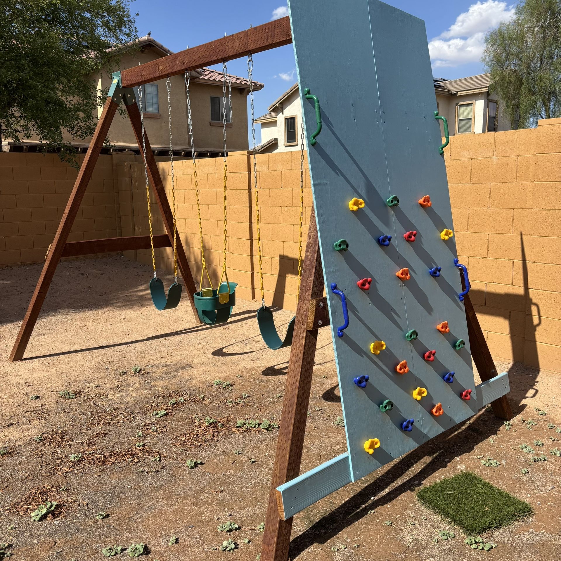 Custom Built Swing Set with Rock Wall