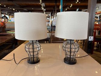 Rustic Glass Gourd Table Lamp with White Drum Shade (Set of 2)