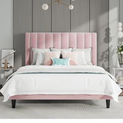 O08 $90 Full Bed Frame/Velvet Upholstered Platform Bed Frame with Headboard/Strong Wood Slats Support/Mattress Foundation/No  Size Full
