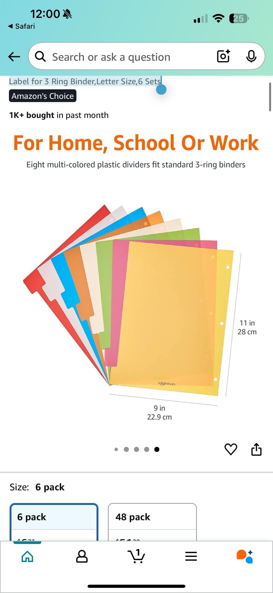 Amazon Basics 8-Tab Plastic Binder Divider with Multicolor Tab Label for 3 Ring Binder,Letter Size,6 Sets