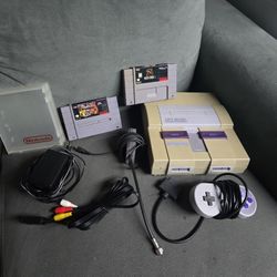 SNES super Nintendo console with controller and WrestleMania and mortal Kombat 3