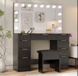 43.3" Fluted Makeup Vanity with Large Lighted Mirror, 9-Drawer Storage & Glass Top - 3-Color Lighting Modes, Built-in Power Outlet & Stool, Adjustable