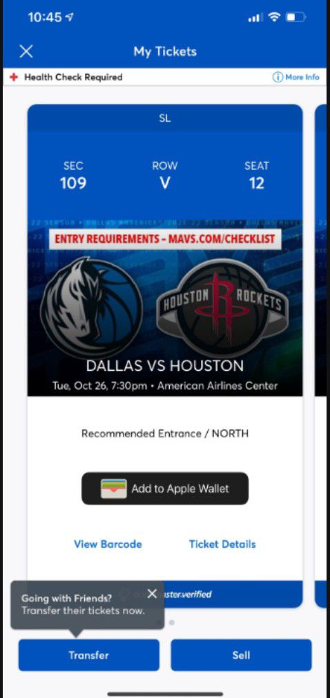 Rockets Vs Mavericks Tickets Section 109 Row V Seats  12,13