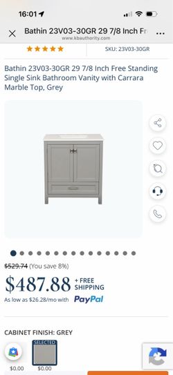 Bathin 23V03-30GR 29 7/8 Inch Free Standing Single Sink Bathroom Vanity with Carrara Marble Top, Grey - source: https://offerup.com/redirect/?o=aHR0cH