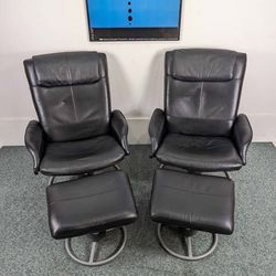 Vintage Pair of Black Leather Malung Lounge Chairs & Ottomans by Ikea
