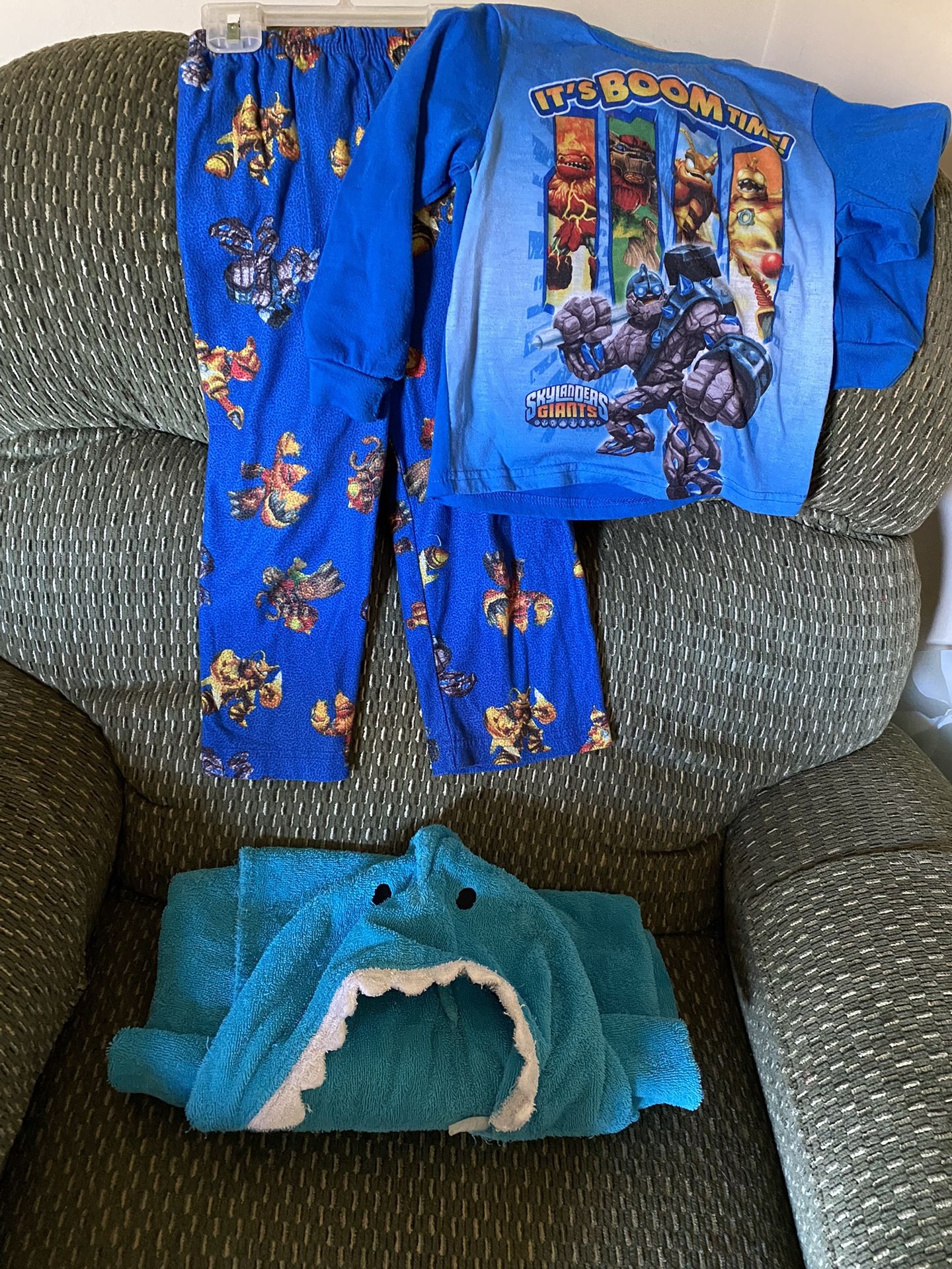 Skylanders pajamas, and shark towel