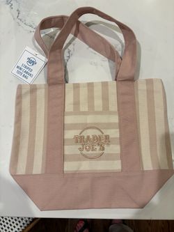 Trader Joe's Striped Mini Canvas Reusable Tote Bag Pink/White